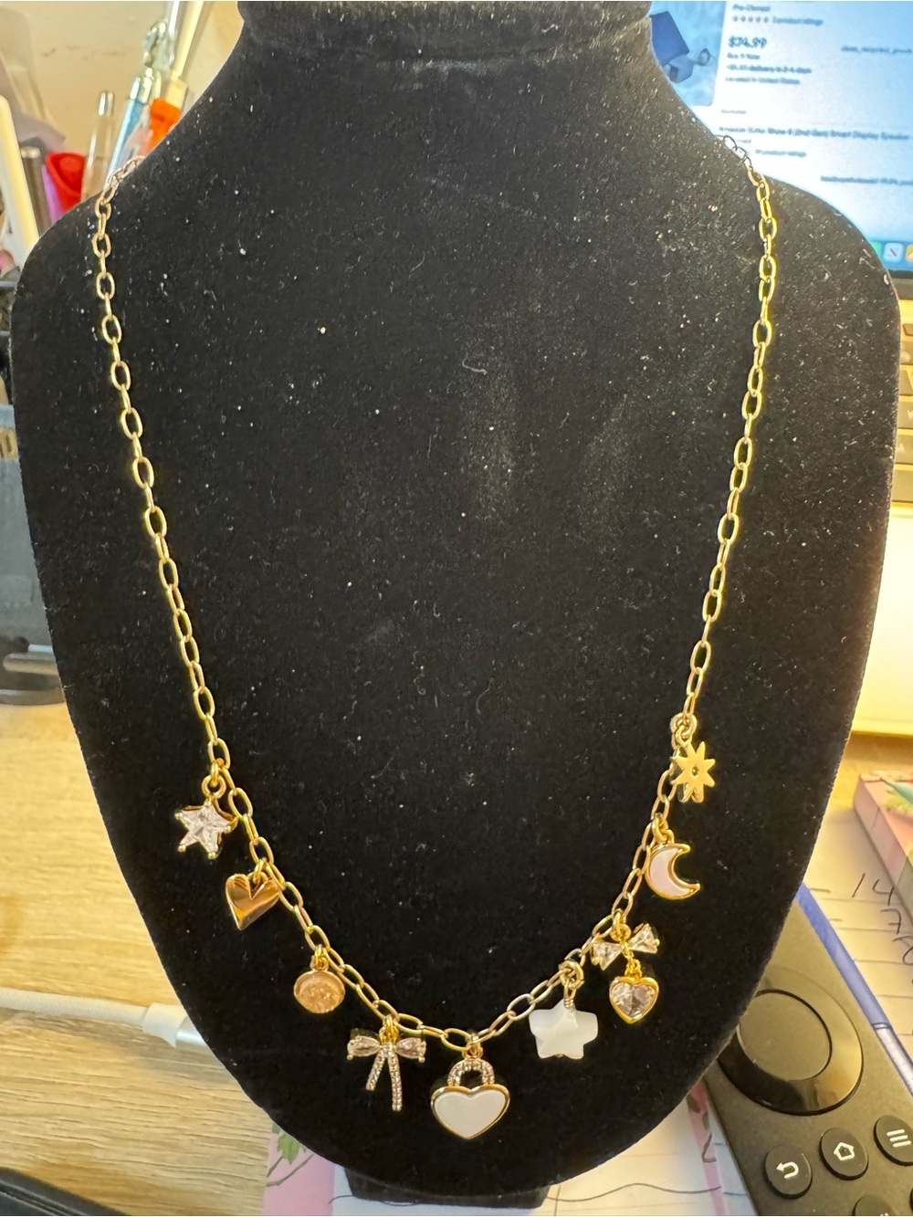 Gold Charm Necklace with Heart, Star & Moon Accents
